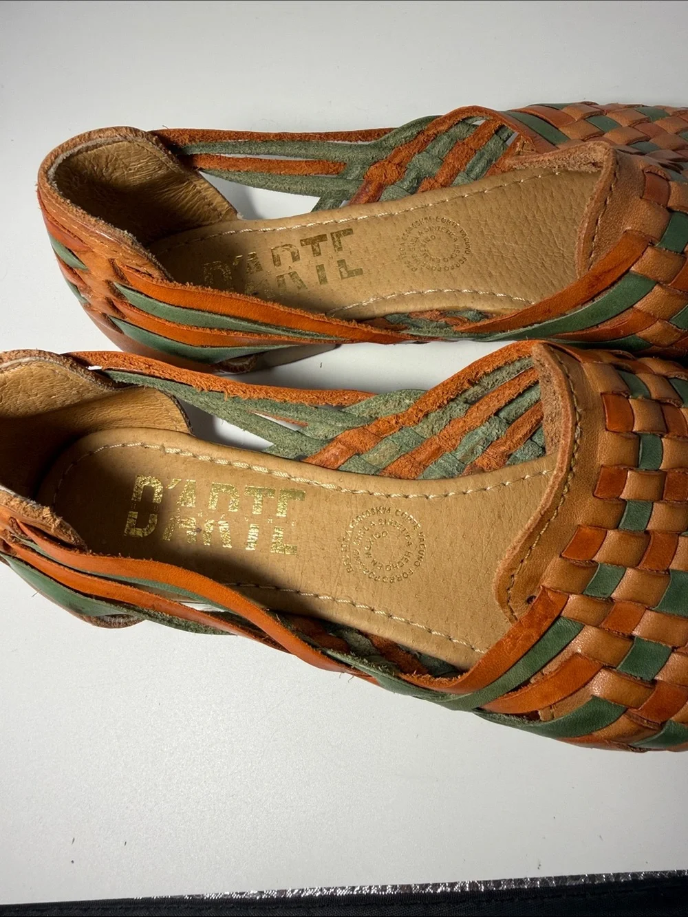 D’Arte Tan/Green Woven Leather Slip-on Shoes Sz 7